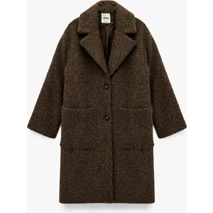 Uzun Kollu Cepli Düğmeli Kruvaze Uzun Buklet Kaban