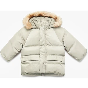 Uzun Kollu Cepli Peluş Detaylı Kapşonlu Şişme Mont