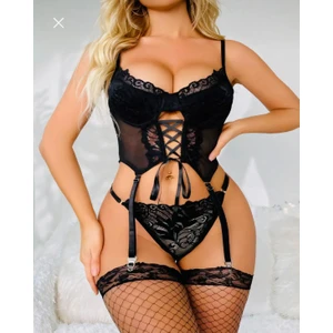 Kadın Siyah Fantezi Gecelik File Çorap Jartiyer Bağlamalı Tüllü Dantelli Iç Çamaşırı Takımı 4 Parça Seksi Iç Giyim Fantazi Jartiyer Seksi Erotik Gecelik Takımı