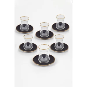 Black 12 Parça Çay Seti 132 cc Şeffaf Cam Bardaklar ve Siyah Tabak ile