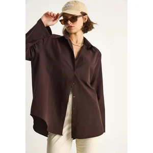 Kadın Geniş Kollu Tek Cep Detaylı Oversize Basic Poplin Gömlek