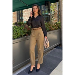 Haki Yüksek Bel Pileli Kadın Kumaş Pantolon MG2507