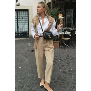 Taş Rengi Yüksek Bel Pileli Kadın Kumaş Pantolon MG2507