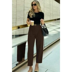 Kahverengi Yüksek Bel Pileli Kadın Kumaş Pantolon MG2507