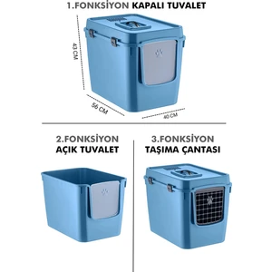 HZ-500 Xxl 3 Fonksiyonlu Açık / Kapalı Kedi Tuvaleti ve Taşıma Çantası Mavi 56 x 40 x 43 cm