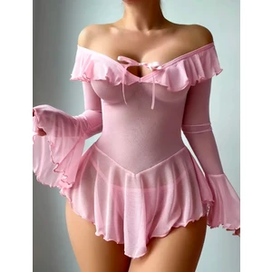 Pembe Tangalı Omzu Açık Transparan Gecelik