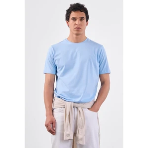 Açık Mavi Bisiklet Yaka Pamuklu Düz Renk Slim Fit Erkek T-Shirt