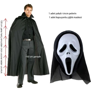 120 cm Pelerin ve Ghost Scream Kapüşonlu Çığlık Hayalet Maskeli Set Hallow