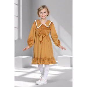 Kız Çocuk Kadife Fırfırlı Yaka Elbise - 3 - 10 Yaş - 6 Renk Seçeneği - Somon