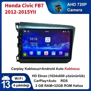 Honda Fb7 / Civic(2012-2016 yıl)2GB Ram 32GB Rom Hafıza Android sürüm 13 Multimedya Kablosuz Carplay Navigasyon 9 inç Ekran