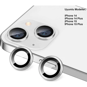 (Kaliteyi Bozmaz) iPhone 14 / 14 Plus / 15 / 15 Plus Uyumlu Kamera Koruyucu Gri Lens Metal Çerçeveli