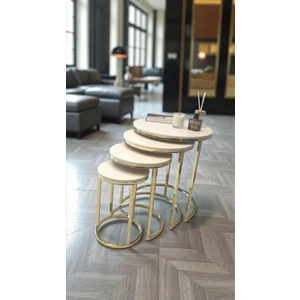 Elegante Serisi Gold Metal Ayaklı 4 Lü Sehpa Seti Parlak Gold Krem Mdf Tabla