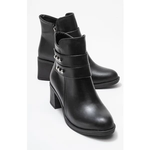 Kadın Çift Kemerli Taşlı Topuklu Bot Siyah Cilt