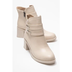 Kadın Çift Kemerli Taşlı Topuklu Bot Bej Cilt