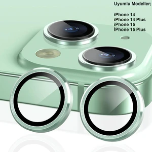 (Kaliteyi Bozmaz) iPhone 14 / 14 Plus / 15 / 15 Plus Uyumlu Kamera Koruyucu Lens Mercek Yeşil Metal Çerçeveli