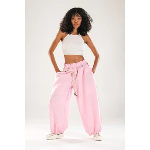 Tasarım Keten Pembe Baggy Pantolon