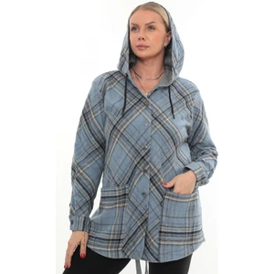 Büyük Beden Rahat Kalıp Kapüşonlu Oduncu Kadın Gömlek Hırka