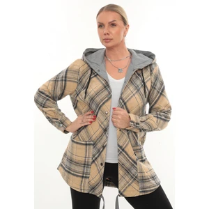 Büyük Beden Rahat Kalıp Kapüşonlu Oduncu Kadın Gömlek Hırka