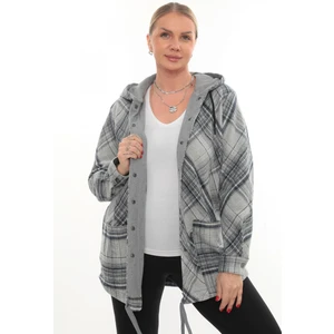 Büyük Beden Rahat Kalıp Kapüşonlu Oduncu Kadın Gömlek Hırka