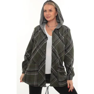 Büyük Beden Rahat Kalıp Kapüşonlu Oduncu Kadın Gömlek Hırka