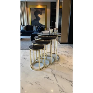 Elegante Serisi Gold Metal Ayaklı 4 Lü Sehpa Seti Parlak Gold Krem Mdf Tabla