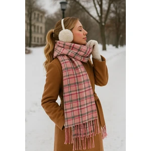 Kadın Pembe Ekose Desenli Püsküllü Kışlık Akrilik Şal Atkı
