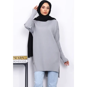 Gri Önü Kısa Arkası Uzun Triko Tunik
