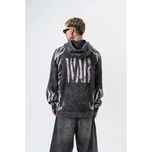 Erkek War Baskılı Yıkamalı Kapüşonlu Oversize Hoodie Siyah