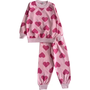 Kız Çocuk Pamuklu Pembe Renk Kalp Desenli Mevsimlik Pijama Takımı
