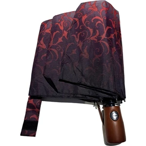 Ahşap Sap Ful Otomatik 10 Telli  Lüx Kadın Şemsiyesi Kırmızı Çiçek Desnli