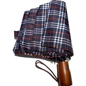 Ahşap Sap Ful Otomatik 10 Telli  Lüx Kadın Şemsiyesi Ekose Desnli