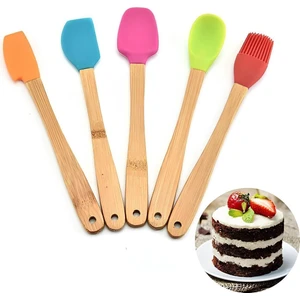 Mucit Home 5'li Renkli Bambu Saplı Silikon Uçlu Spatula Fırçalı Kaşık Seti