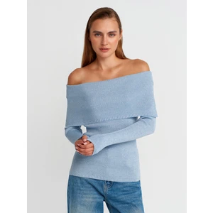 10808 Bardot Yaka Fitilli Simli Triko Kazak-Mavi