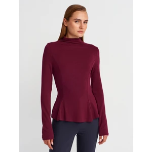 32038 Uzun Kollu Peplum Top-Bordo