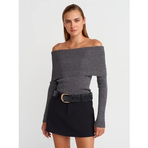 10808 Bardot Yaka Fitilli Simli Triko Kazak-Füme