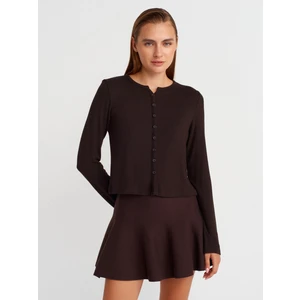 31413 Düğmeli Detaylı  Hırka-Koyu Kahve