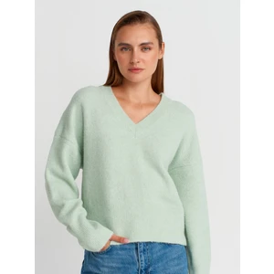 10645 V Yaka Yumuşak Dokulu Triko Kazak-Koyu Mint
