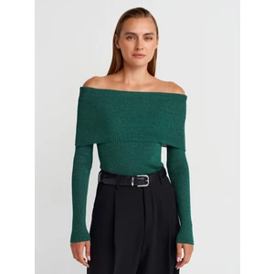 10808 Bardot Yaka Fitilli Simli Triko Kazak-Zümrüt