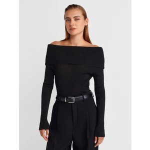 10808 Bardot Yaka Fitilli Simli Triko Kazak-Siyah