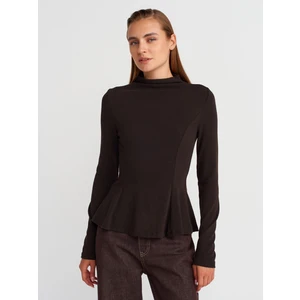 32038 Uzun Kollu Peplum Top-Koyu Kahve