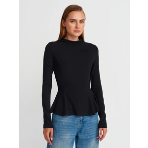 32038 Uzun Kollu Peplum Top-Siyah