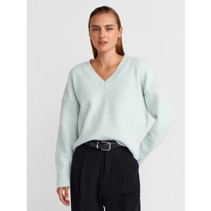 10645 V Yaka Yumuşak Dokulu Triko Kazak-Açık Mint