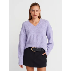 10645 V Yaka Yumuşak Dokulu Triko Kazak-Lila