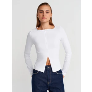 31993 Fermuar Detaylı Uzun Kollu Top-Beyaz