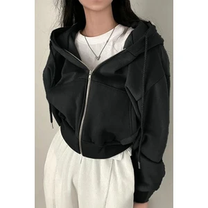 Siyah Kalın Kumaş Kapüşonlu Crop Hırka