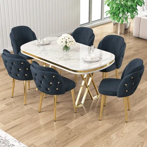 Zae Serisi 90X168 Lak Panel Beyaz Mermer Desen Gold Ayak Masa Takımı 6 Antrasit Sandalye