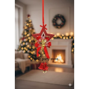 Deniz Party Store Yılbaşı Kırmızı Yıldızlı Fiyonklu Çanlı Kapı Süsü 13X33 cm