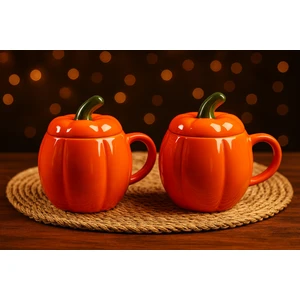 2 Li Seramik Balkabak Kabak Kupa Bardak Kapaklı