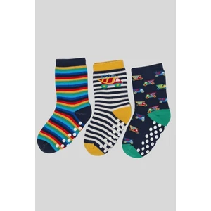 Kıpırık Baby Kıpırık Baby3 Çift Havlu Pamuklu Kaydırmaz Taban Kışlık Araba ve Çizgi Desenli  Erkek Çocuk ve Bebek Soket Çorap