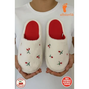 Kiraz Nakışlı Pofuduk Ev Terliği Çeyizlik Terlik Kaymaz Taban Hafif Yumuşak Taban